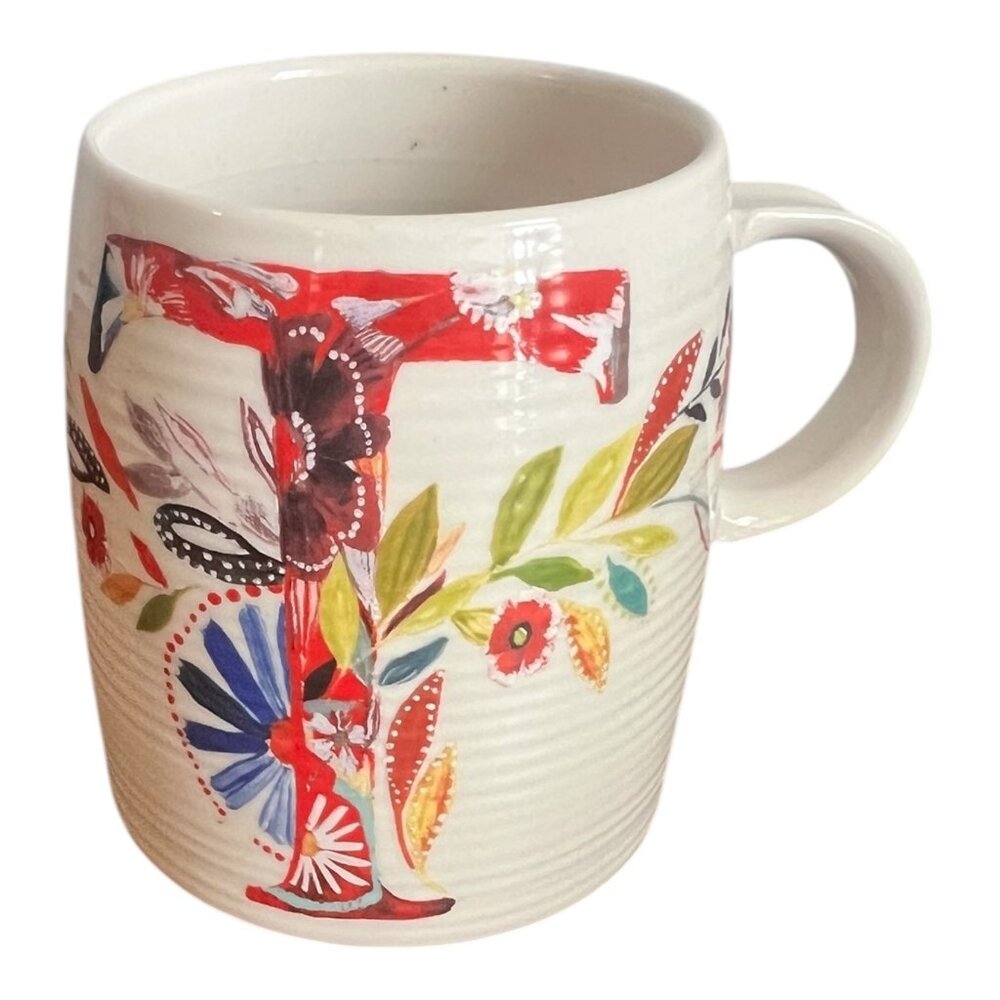 Starla M. Halfmann Anthropologie Floral Letter T Mug Coffee Tea Cup Ceramic